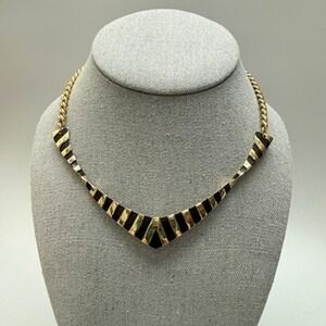 Egyptian Revival Vintage Gold Tone Black Enameled Striped V Pendant Necklace 15"